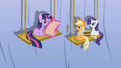 Size: 1365x768 | Tagged: safe, screencap, applejack, rarity, twilight sparkle, pony, g4, it's about time