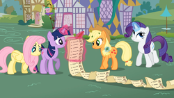 Size: 1365x768 | Tagged: safe, screencap, applejack, fluttershy, rarity, twilight sparkle, earth pony, pegasus, pony, unicorn, g4, it's about time, list, magic, quill, telekinesis, unicorn twilight