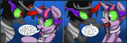 Size: 3779x1299 | Tagged: safe, artist:mistydash, king sombra, twilight sparkle, pony, g4, ballgag, bedroom eyes, collar, comic, corrupted, corrupted twilight sparkle, cuffs, eye contact, female, gag, grammar error, mare, open mouth, raised eyebrow, slave, smiling, sombra eyes, wide eyes