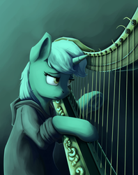 Size: 1091x1381 | Tagged: dead source, safe, artist:28gooddays, lyra heartstrings, pony, unicorn, fanfic:background pony, g4, bipedal, clothes, dig the swell hoodie, emo lyra, female, harp, hoodie, musical instrument, ponies wearing black, solo