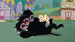 Size: 1365x768 | Tagged: safe, screencap, cerberus (character), fluttershy, cerberus, dog, pegasus, pony, g4, it's about time, bellyrubs, collar, dog collar, multiple heads, panting, spiked collar, three heads