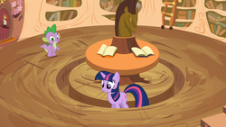 Size: 1365x768 | Tagged: safe, screencap, spike, twilight sparkle, dragon, pony, unicorn, g4, it's about time, season 2, book, duo, female, frown, golden oaks library, horn, horsehead centerpiece, looking down, male, mare, multicolored mane, multicolored tail, pacing, standing, tail, unicorn twilight
