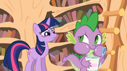 Size: 1365x768 | Tagged: safe, screencap, spike, twilight sparkle, dragon, pony, unicorn, g4, it's about time, eating, female, food, ice cream, male, mare, spoon, sweat