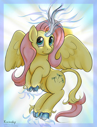 Size: 1280x1674 | Tagged: safe, artist:kirinshy, artist:lockersnap, artist:ratwhiskers, fluttershy, alicorn, classical unicorn, dragonfly, kirin, pony, g4, alicornified, cloven hooves, curved horn, female, fluttercorn, horn, leonine tail, magic, predicted the show, race swap, solo, species swap