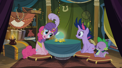 Size: 1365x768 | Tagged: safe, screencap, pinkie pie, spike, twilight sparkle, g4, it's about time