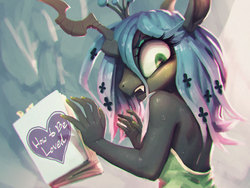 Size: 800x600 | Tagged: safe, artist:frali, queen chrysalis, changeling, changeling queen, anthro, g4, book, caught, female, looking at you, looking back, nail polish, open mouth, pixiv, solo, sweat, wide eyes