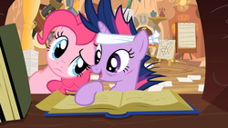 Size: 1365x768 | Tagged: safe, screencap, pinkie pie, twilight sparkle, g4, it's about time