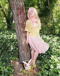 Size: 500x631 | Tagged: safe, artist:alchimique, angel bunny, fluttershy, human, g4, basket, cosplay, irl, irl human, photo, plushie, solo, tree
