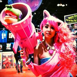 Size: 1024x1024 | Tagged: safe, artist:the shining polaris, gummy, pinkie pie, human, g4, 2014, balloon, c2e2, convention, cosplay, irl, irl human, party cannon, photo, pinkie launcher, plushie, rocket launcher