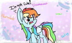 Size: 512x308 | Tagged: safe, artist:redshycup, rainbow dash, g4, annoyed, awww, blatant lies, cute, dashabetes, fangs, female, i'm not cute, messy mane, open mouth, raised hoof, solo