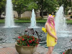 Size: 960x720 | Tagged: safe, artist:nighteyescosplay, fluttershy, human, my little pony fair, g4, 2013, convention, cosplay, fountain, irl, irl human, photo, solo, water