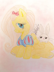 Size: 1024x1365 | Tagged: safe, artist:pancheokun, angel bunny, fluttershy, g4, clothes, disney, dress, looking at you, profile, sitting, snow white, traditional art