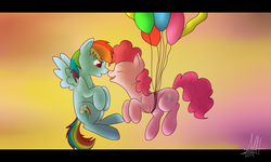 Size: 2500x1500 | Tagged: safe, artist:xapplejack324, pinkie pie, rainbow dash, g4, balloon, boop, eyes closed, female, floating, flying, lesbian, nose wrinkle, noseboop, ship:pinkiedash, shipping, smiling, then watch her balloons lift her up to the sky