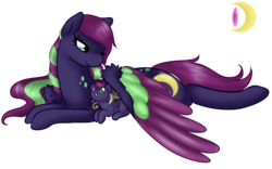 Size: 935x583 | Tagged: safe, artist:mondlichtkatze, oc, oc only, pegasus, pony, duo, female, foal, lying down, mare, prone