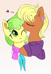 Size: 564x821 | Tagged: safe, artist:arcum42, artist:xioade, color edit, edit, chickadee, ms. harshwhinny, ms. peachbottom, g4, colored, female, harshbottom, heart, kissing, lesbian, shipping, wholesome