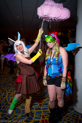 Size: 1365x2048 | Tagged: safe, artist:patcave, discord, rainbow dash, human, g4, 2013, clothes, cloud, convention, cosplay, cotton candy cloud, dragoncon, eris, gloves, irl, irl human, photo, rule 63