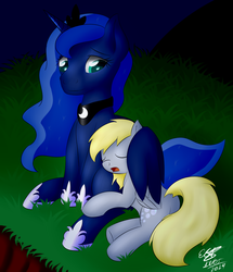 Size: 1723x2000 | Tagged: safe, artist:icy wings, derpy hooves, princess luna, alicorn, pegasus, pony, g4, cute, eyes closed, grass, hug, night, open mouth, sitting, sleeping, smiling, winghug
