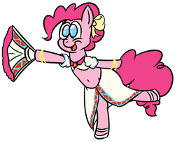Size: 1072x866 | Tagged: safe, artist:jeremystorm, pinkie pie, g4, belly button, bow, clothes, cosplay, dress, female, gypsy pie, lunar 2, romani, simple background, solo