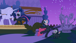 Size: 1365x768 | Tagged: safe, screencap, pinkie pie, spike, twilight sparkle, g4, it's about time, statue
