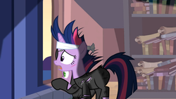 Size: 1365x768 | Tagged: safe, screencap, twilight sparkle, pony, unicorn, g4, it's about time, alternate hairstyle, book, bookshelf, catsuit, duo, eyepatch, female, future twilight, mare, scar, scroll, unicorn twilight, window