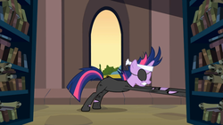 Size: 1365x768 | Tagged: safe, screencap, twilight sparkle, pony, unicorn, g4, it's about time, alternate hairstyle, book, canterlot library, eyepatch, female, mare, scroll, solo, stretchy arms, unicorn twilight