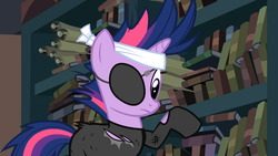 Size: 1365x768 | Tagged: safe, screencap, twilight sparkle, pony, unicorn, g4, it's about time, book, bookshelf, canterlot library, catsuit, eyepatch, female, mare, scroll, solo, unicorn twilight