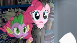 Size: 1366x768 | Tagged: safe, screencap, pinkie pie, spike, g4, it's about time