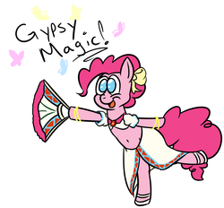 Size: 1238x1150 | Tagged: safe, artist:jeremystorm, pinkie pie, butterfly, g4, belly button, bow, clothes, cosplay, dialogue, dress, female, gypsy magic, gypsy pie, lunar 2, midriff, romani, solo