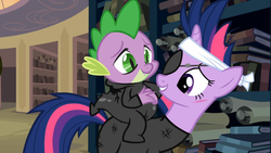 Size: 1366x768 | Tagged: safe, screencap, spike, twilight sparkle, dragon, pony, g4, it's about time, cut, dragons riding ponies, riding, spike riding twilight