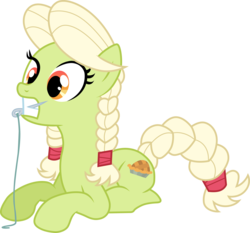 Size: 6354x5930 | Tagged: safe, artist:cloudy glow, granny smith, earth pony, pony, g4, absurd resolution, braid, female, mare, needle, simple background, solo, thread, transparent background, vector, young granny smith, younger