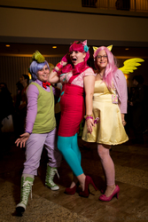 Size: 1333x2000 | Tagged: artist needed, safe, artist:metricjack, fluttershy, pinkie pie, spike, human, g4, 2013, bowtie, convention, cosplay, irl, irl human, momocon, photo