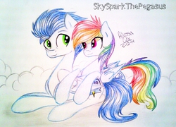 Size: 559x403 | Tagged: safe, artist:skysparkthepegasus, rainbow dash, soarin', g4, cloud, cute, eye contact, female, lying, male, ship:soarindash, shipping, smiling, straight, traditional art