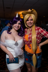 Size: 1333x2000 | Tagged: artist needed, safe, applejack, rarity, human, g4, 2013, convention, cosplay, irl, irl human, momocon, photo