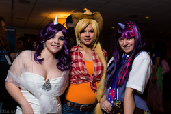 Size: 2000x1333 | Tagged: artist needed, safe, applejack, rarity, twilight sparkle, human, g4, 2013, book, cosplay, elements of harmony, irl, irl human, momocon, photo