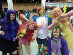 Size: 1280x960 | Tagged: artist needed, safe, artist:timevstheworld, fluttershy, pinkie pie, rainbow dash, spike, twilight sparkle, human, g4, 2012, calgary expo, clothes, convention, cosplay, irl, irl human, necktie, photo, rainbow socks, scarf, socks, striped socks