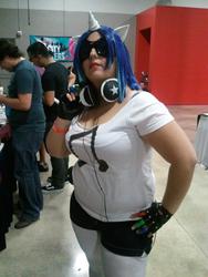 Size: 720x960 | Tagged: safe, artist:sushistarbomb, dj pon-3, vinyl scratch, human, g4, 2012, clothes, convention, cosplay, fingerless gloves, florida supercon, florida supercon 2012, gloves, headphones, irl, irl human, photo