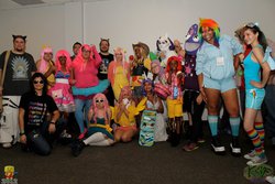 Size: 1068x712 | Tagged: artist needed, safe, applejack, fluttershy, pinkie pie, rainbow dash, rarity, twilight sparkle, human, g4, 2012, convention, cosplay, deadmau5, florida supercon, florida supercon 2012, group photo, irl, irl human, mane six, photo