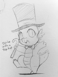 Size: 480x640 | Tagged: safe, artist:ende26, spike, dragon, g4, baby, baby dragon, bow, cane, cute, hat, male, monochrome, sketch, solo, spikabetes, text, top hat, traditional art