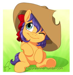 Size: 659x678 | Tagged: safe, artist:hazurasinner, oc, oc only, oc:apple syrup, clothes, cute, female, filly, freckles, hat, magical lesbian spawn, offspring, oversized clothes, parent:applejack, parent:rarity, parents:rarijack, sitting, smiling, solo, underhoof, wink