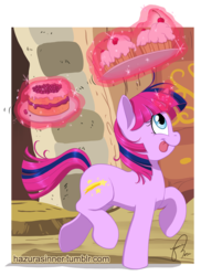 Size: 700x959 | Tagged: safe, artist:hazurasinner, oc, oc only, oc:starchaser, :p, cake, canter, cupcake, cute, looking up, magic, magical lesbian spawn, ocbetes, offspring, parent:pinkie pie, parent:twilight sparkle, parents:twinkie, running, smiling, solo, telekinesis, tongue out