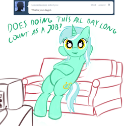 Size: 800x800 | Tagged: safe, artist:cheshiresdesires, lyra heartstrings, pony, unicorn, ask lyra, g4, ask, belly, couch, dialogue, female, hoof on belly, looking at you, open mouth, simple background, sitting, sitting lyra, smiling, solo, talking to viewer, television, tumblr, white background