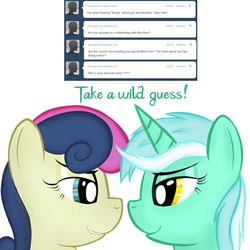 Size: 1200x1200 | Tagged: safe, artist:cheshiresdesires, bon bon, lyra heartstrings, sweetie drops, earth pony, pony, unicorn, ask lyra, g4, ask, bedroom eyes, female, lesbian, looking at each other, ship:lyrabon, shipping, simple background, smiling, tumblr, white background