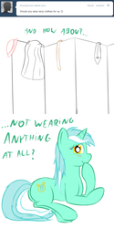 Size: 600x1200 | Tagged: safe, artist:cheshiresdesires, lyra heartstrings, pony, unicorn, ask lyra, g4, ask, blushing, clothes, comic, dialogue, female, looking at you, prone, simple background, smiling, solo, tumblr, we don't normally wear clothes, white background