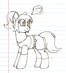Size: 832x925 | Tagged: safe, artist:aaronwolf17, oc, oc only, oc:dakota jaguar, earth pony, pony, clothes, female, grayscale, heart, lined paper, monochrome, solo, traditional art
