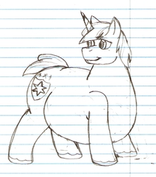 Size: 914x1034 | Tagged: safe, artist:aaronwolf17, shining armor, pony, unicorn, g4, bhm, big boys, fat, grayscale, lined paper, looking back, male, monochrome, obese, shining blubber, sketch, smiling, solo, stallion, traditional art