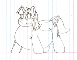 Size: 1034x814 | Tagged: safe, artist:aaronwolf17, twilight sparkle, alicorn, pony, g4, belly, chubby cheeks, fat, female, grayscale, lined paper, mare, monochrome, obese, solo, traditional art, twilard sparkle, twilight sparkle (alicorn)