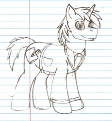 Size: 886x960 | Tagged: safe, artist:aaronwolf17, oc, oc only, oc:rough sketch, pony, unicorn, clothes, grayscale, lined paper, male, monochrome, solo, traditional art, tuxedo