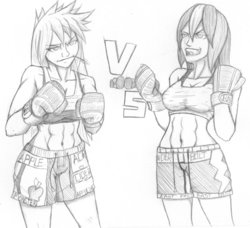 Size: 800x728 | Tagged: safe, artist:thebestjojo, applejack, rainbow dash, human, g4, abs, applejacked, black and white, boxing, boxing gloves, clothes, fighter, grayscale, humanized, midriff, monochrome, muscles, pencil drawing, smirk, smugdash, smugjack, sports bra, straw, tongue out, traditional art, trunks, versus