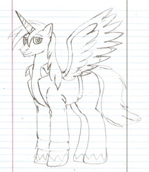 Size: 1275x1478 | Tagged: safe, artist:aaronwolf17, oc, oc only, oc:hunter, alicorn, pony, alicorn oc, grayscale, lined paper, male, monochrome, solo, traditional art