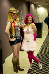 Size: 1275x1920 | Tagged: safe, artist:ironfixxxer, applejack, pinkie pie, human, g4, boots, brony fan fair, brony fan fair 2012, convention, cosplay, cowboy boots, cowboy hat, hat, irl, irl human, photo, shoes